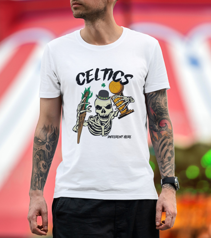 Celtics Skeleton Holding Championship Trophy and Bat with Different Here Text T-Shirt