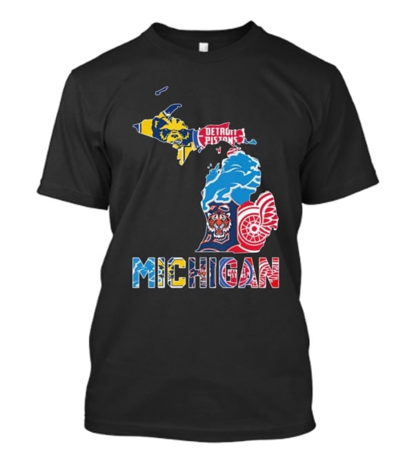Michigan Lions Wolverines Tigers Pistons Red Wings Map T-Shirt