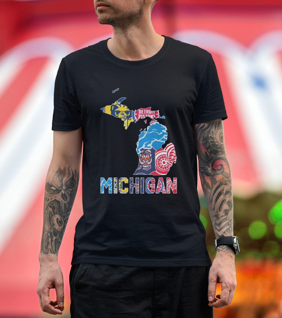 Michigan Lions Wolverines Tigers Pistons Red Wings Map T-Shirt