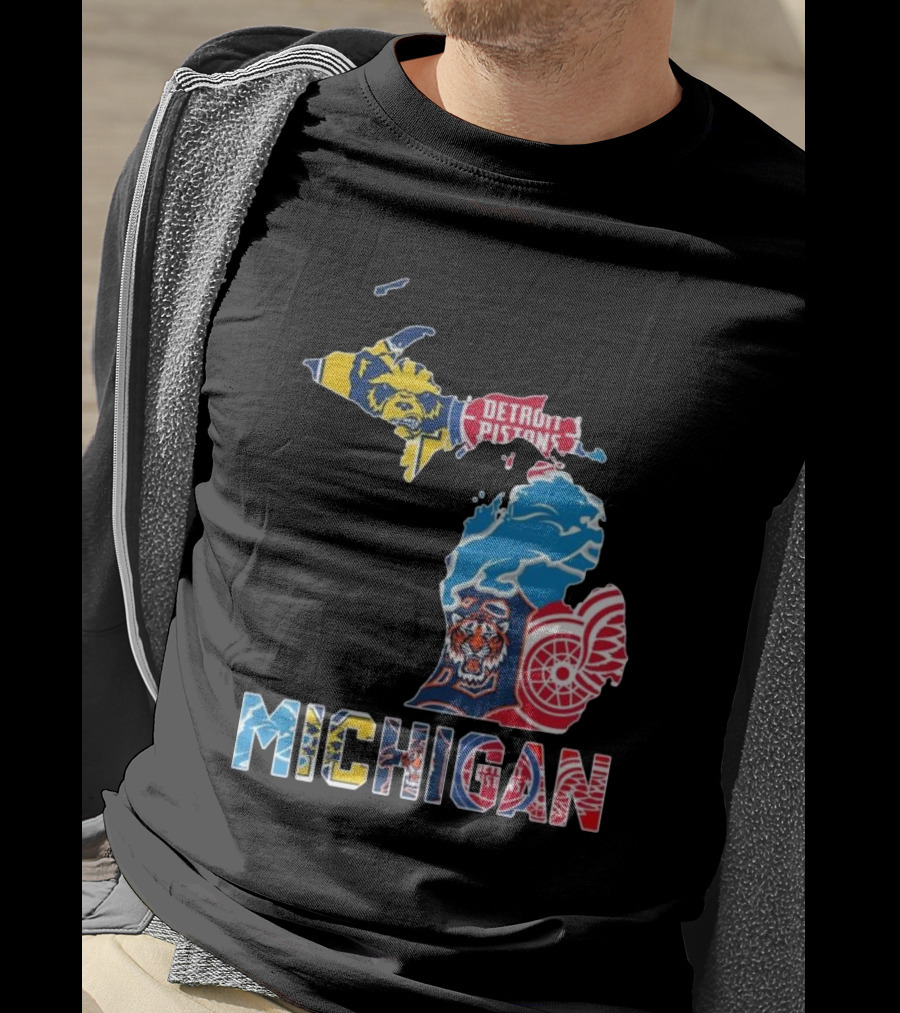 Michigan Lions Wolverines Tigers Pistons Red Wings Map T-Shirt