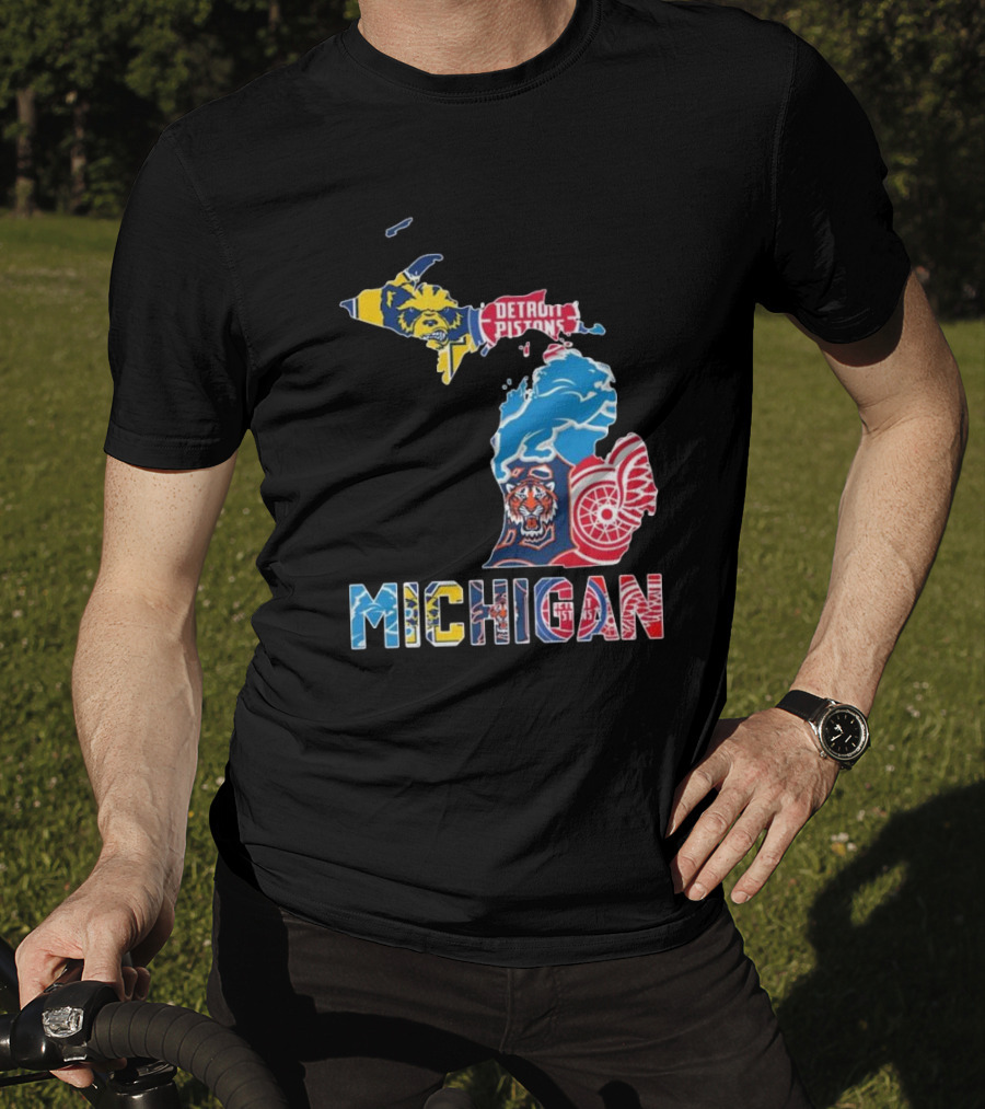Michigan Lions Wolverines Tigers Pistons Red Wings Map T-Shirt