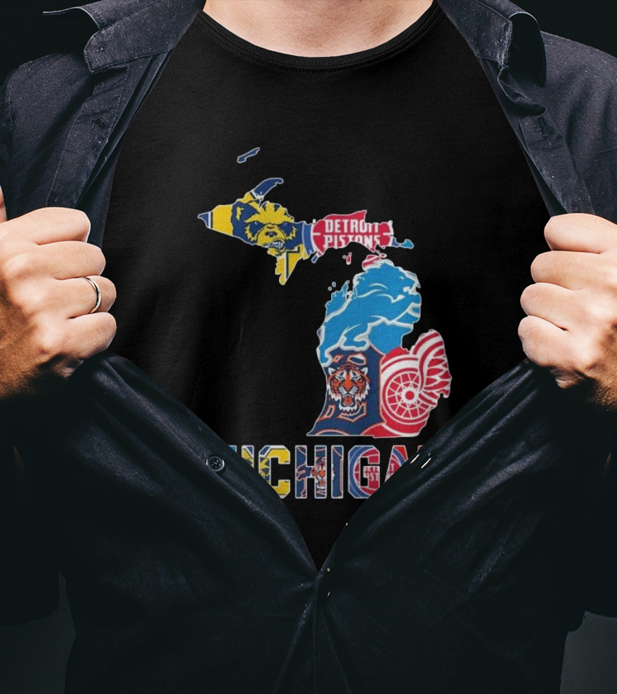 Michigan Lions Wolverines Tigers Pistons Red Wings Map T-Shirt