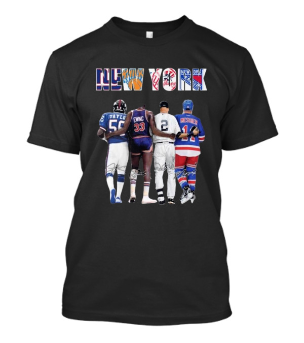 New York Giants Knicks Yankees Rangers Lawrence Taylor Patrick Ewing Derek Jeter Messier Signatures T-Shirt