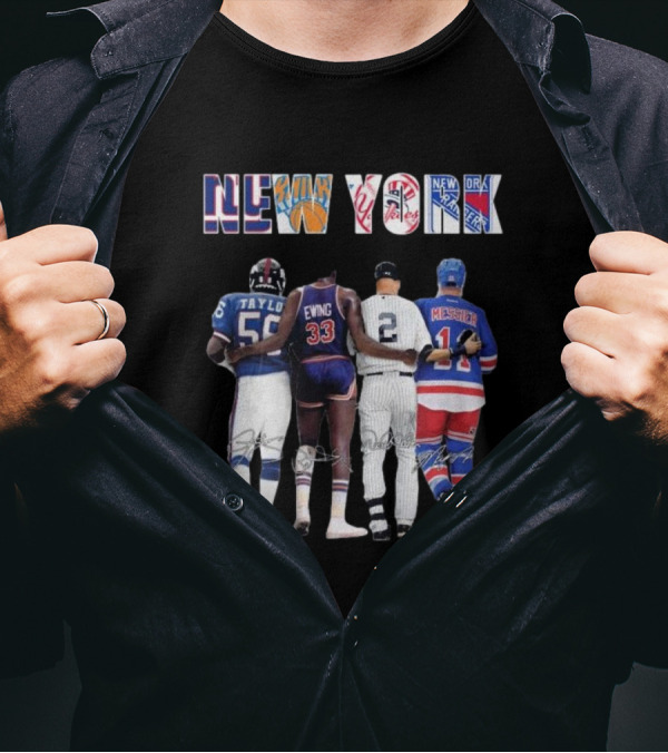 New York Giants Knicks Yankees Rangers Lawrence Taylor Patrick Ewing Derek Jeter Messier Signatures T-Shirt