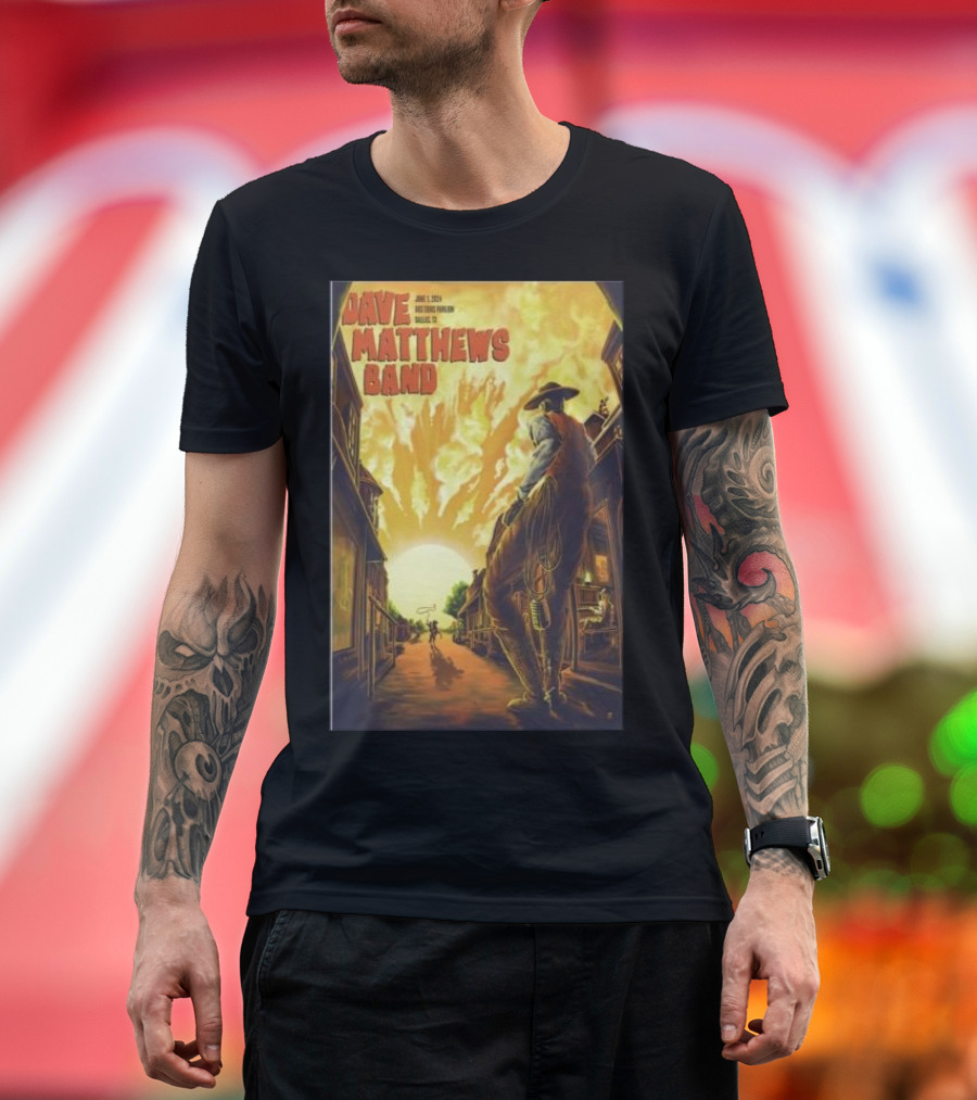Dave Matthews Band June 1 2024 Dos Equis Pavilion Dallas TX Cowboy Fire Sunset Scene T-Shirt