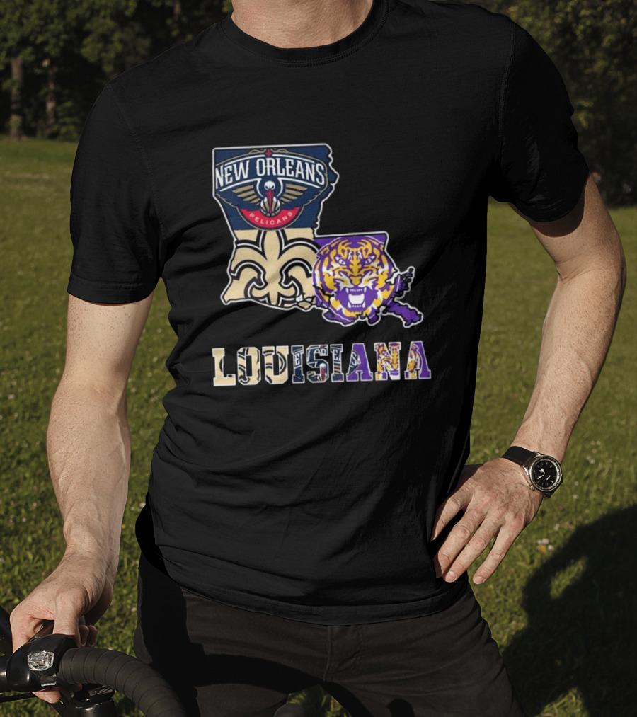 New Orleans Pelicans Tigers Saints Louisiana Map T-Shirt