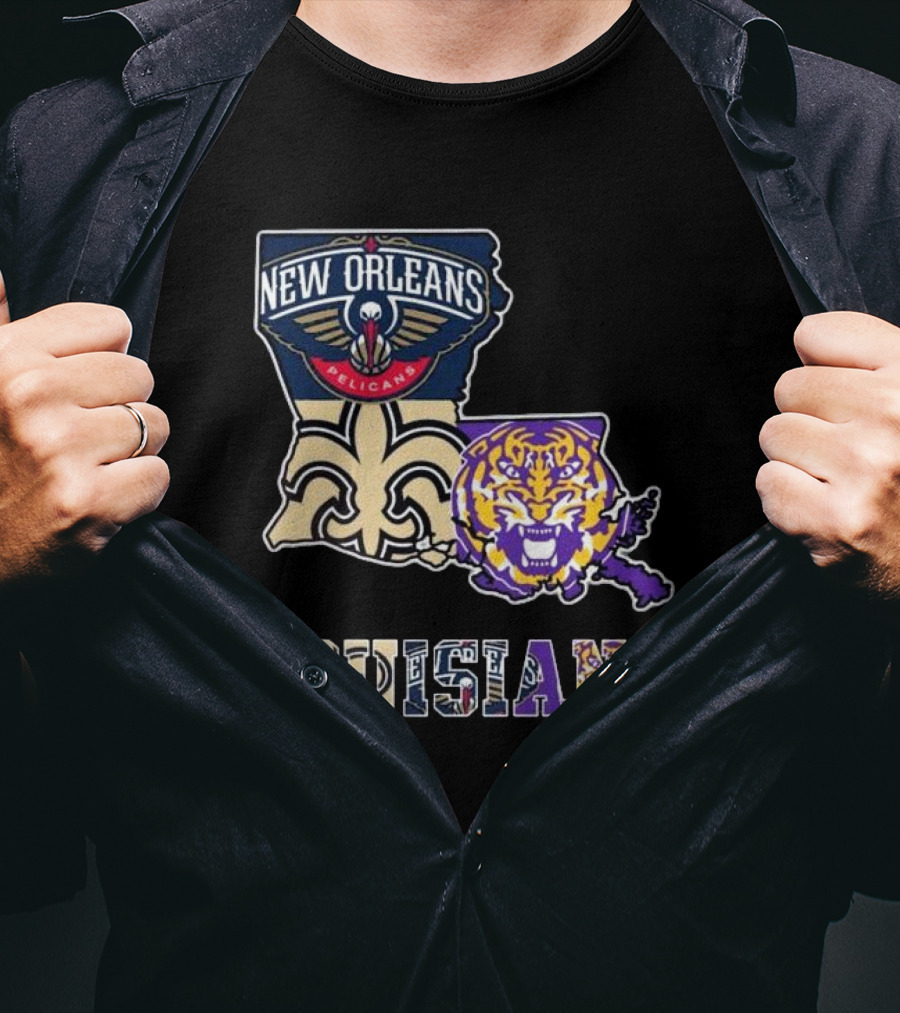 New Orleans Pelicans Tigers Saints Louisiana Map T-Shirt