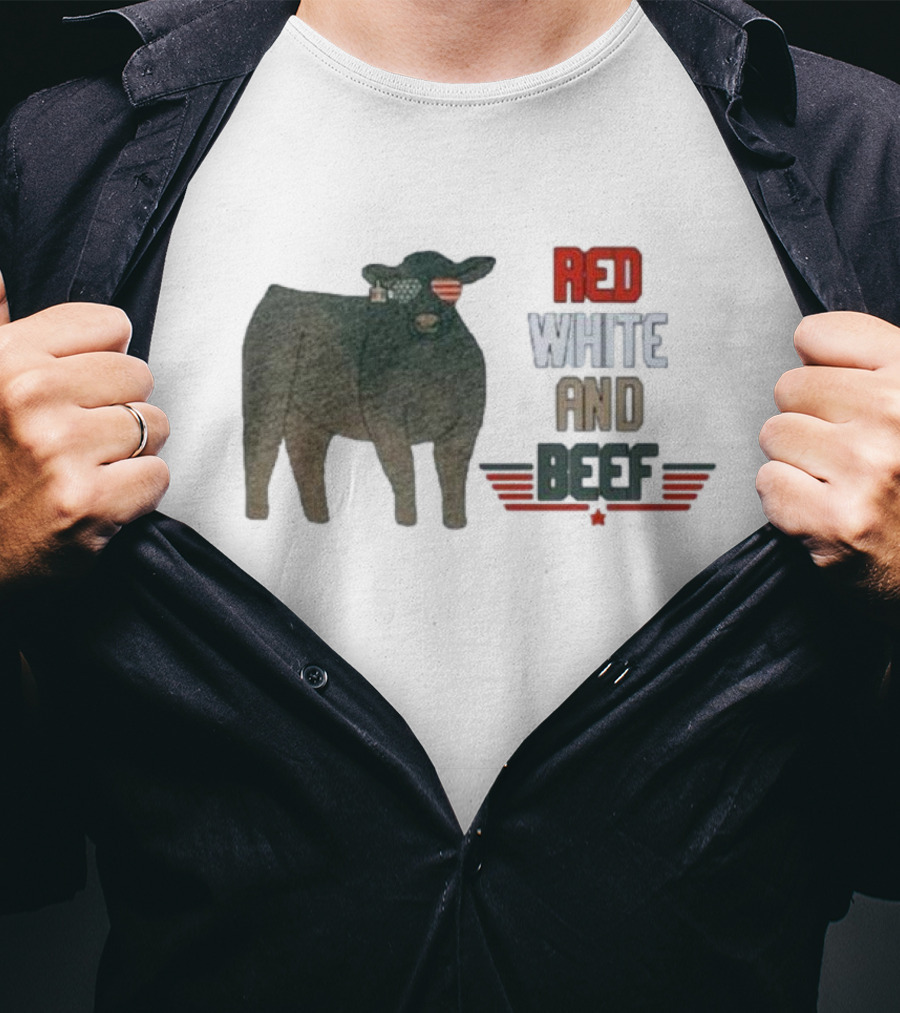 Red White And Beef American Cattle With Patriotic Sunglasses T-Shirt