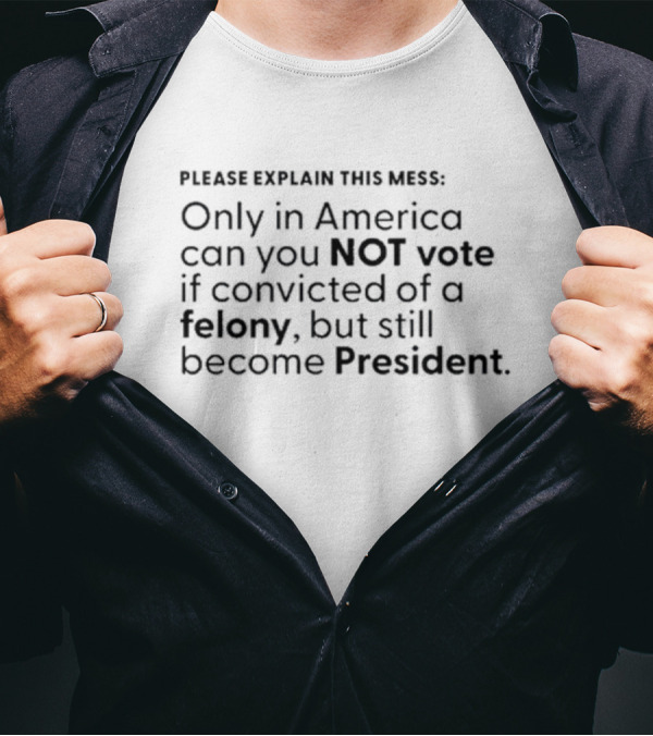 Please Explain This Mess Only In America Can You Not Vote If Convicted Of A Felony But Still Become President T-Shirt