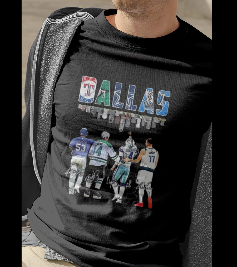 Texas Rangers Garcia Dallas Stars Benn Dallas Cowboys Prescott Dallas Mavericks Doncic Signatures Skyline T-Shirt