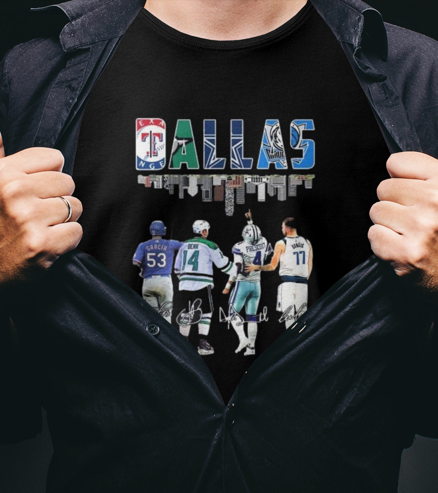 Texas Rangers Garcia Dallas Stars Benn Dallas Cowboys Prescott Dallas Mavericks Doncic Signatures Skyline T-Shirt