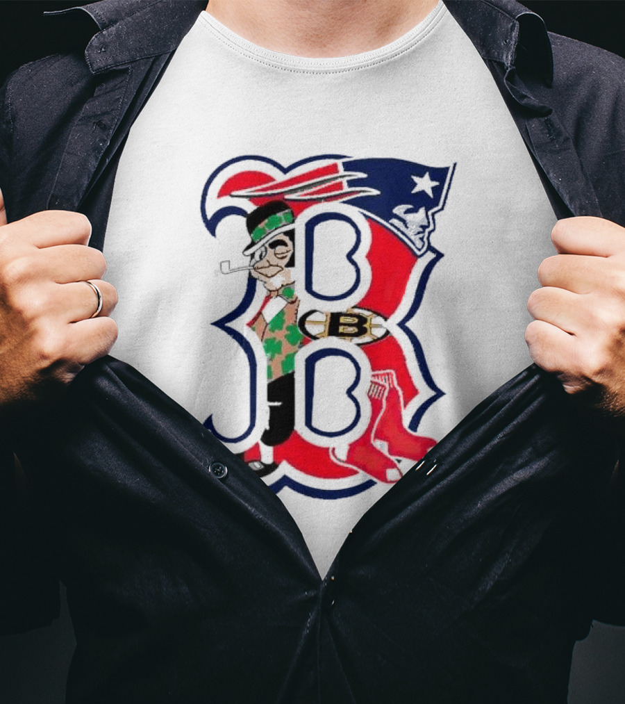 Boston Red Sox B Mashup With Patriots Bruins Celtics Symbols T-Shirt