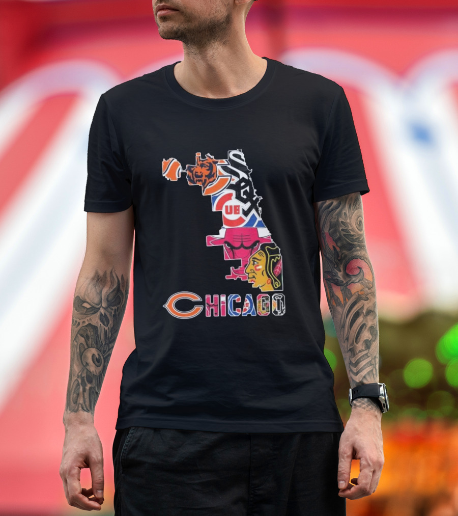 Chicago Cubs White Sox Bulls Bears Blackhawks Maps T-Shirt