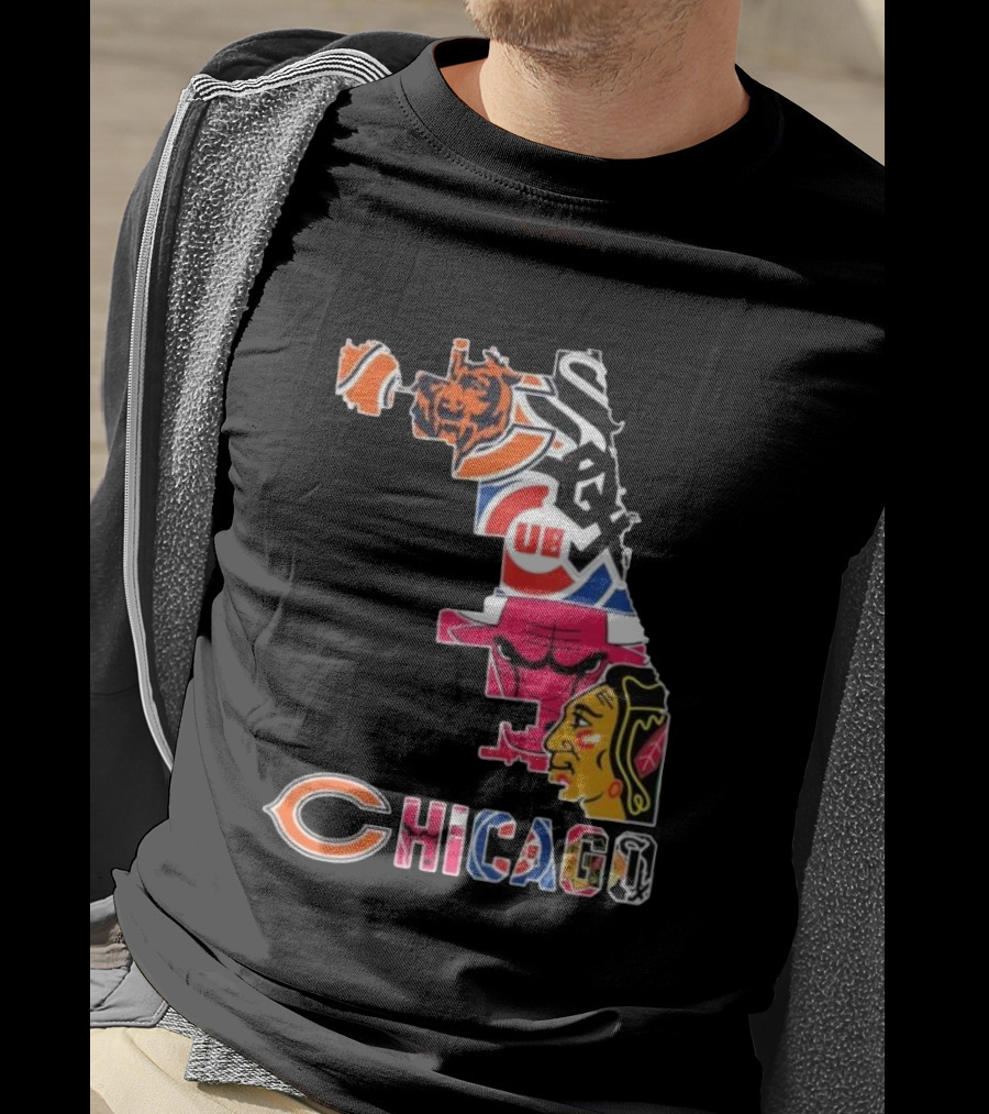 Chicago Cubs White Sox Bulls Bears Blackhawks Maps T-Shirt