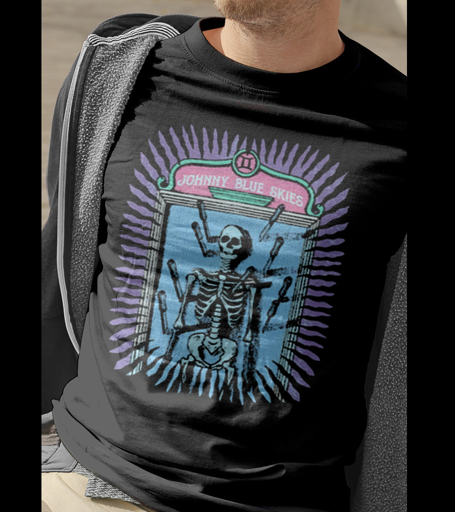 Johnny Blue Skies Skeleton Framed With Knives And Purple Aura T-Shirt