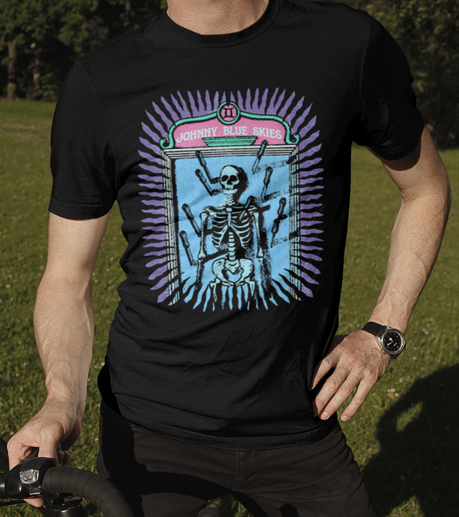 Johnny Blue Skies Skeleton Framed With Knives And Purple Aura T-Shirt