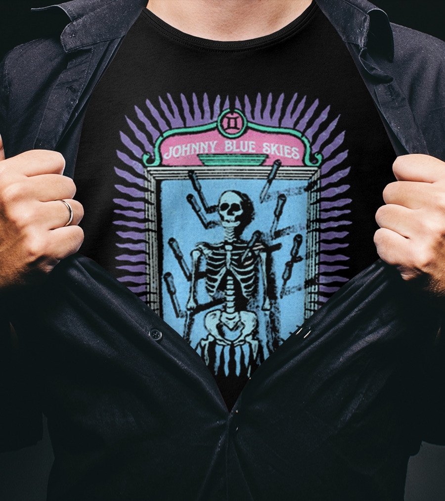Johnny Blue Skies Skeleton Framed With Knives And Purple Aura T-Shirt
