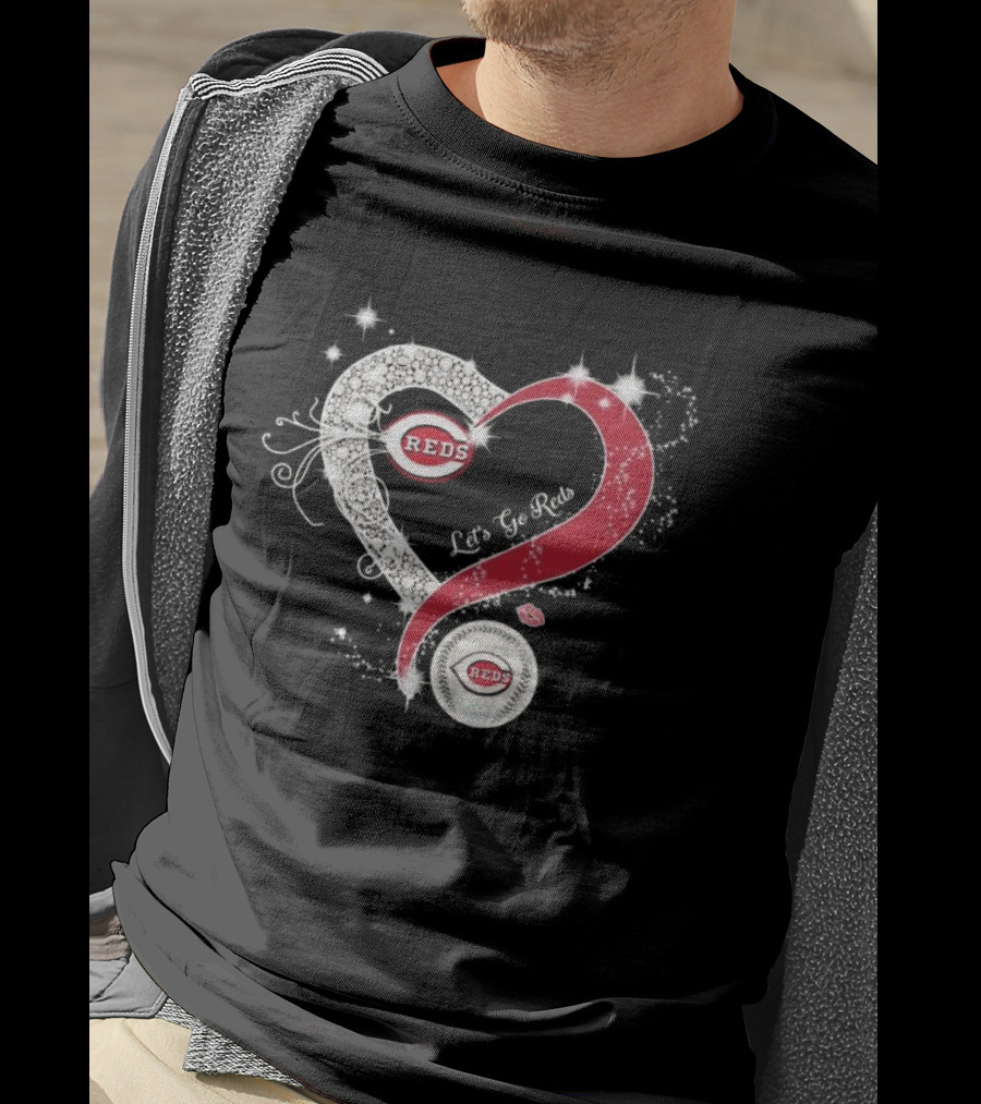 Cincinnati Reds Heart Emblem Let's Go Reds Sparkling T-Shirt