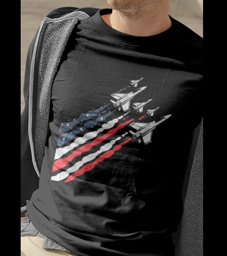 Vintage Patriotic Fighter Jet Airplane With American Flag Trail T-Shirt