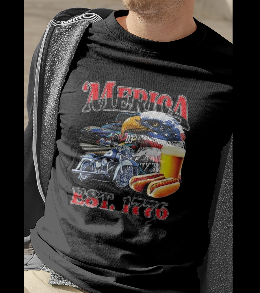 'Merica Bald Eagle Motorbike Beer Hotdogs Cars Est. 1776 T-Shirt
