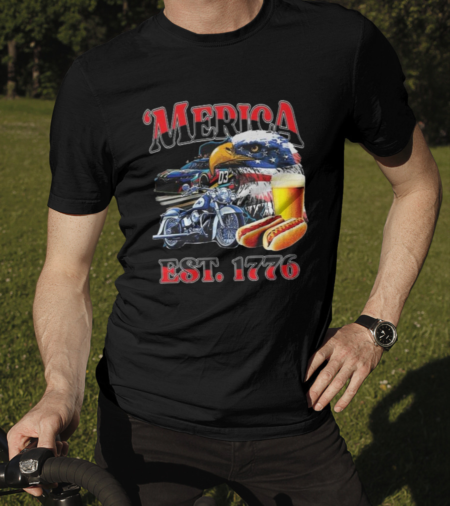 'Merica Bald Eagle Motorbike Beer Hotdogs Cars Est. 1776 T-Shirt