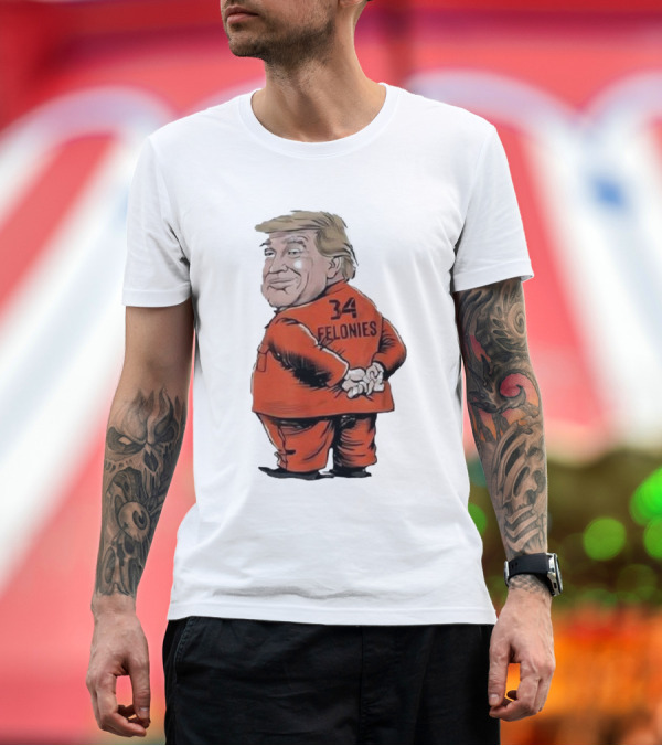 Premium T-Shirt: Donald Trump Cartoons 34 Felonies Orange Prison Suit T-Shirt Donald Trump Cartoons 34 Felonies Orange Prison Suit T-Shirt