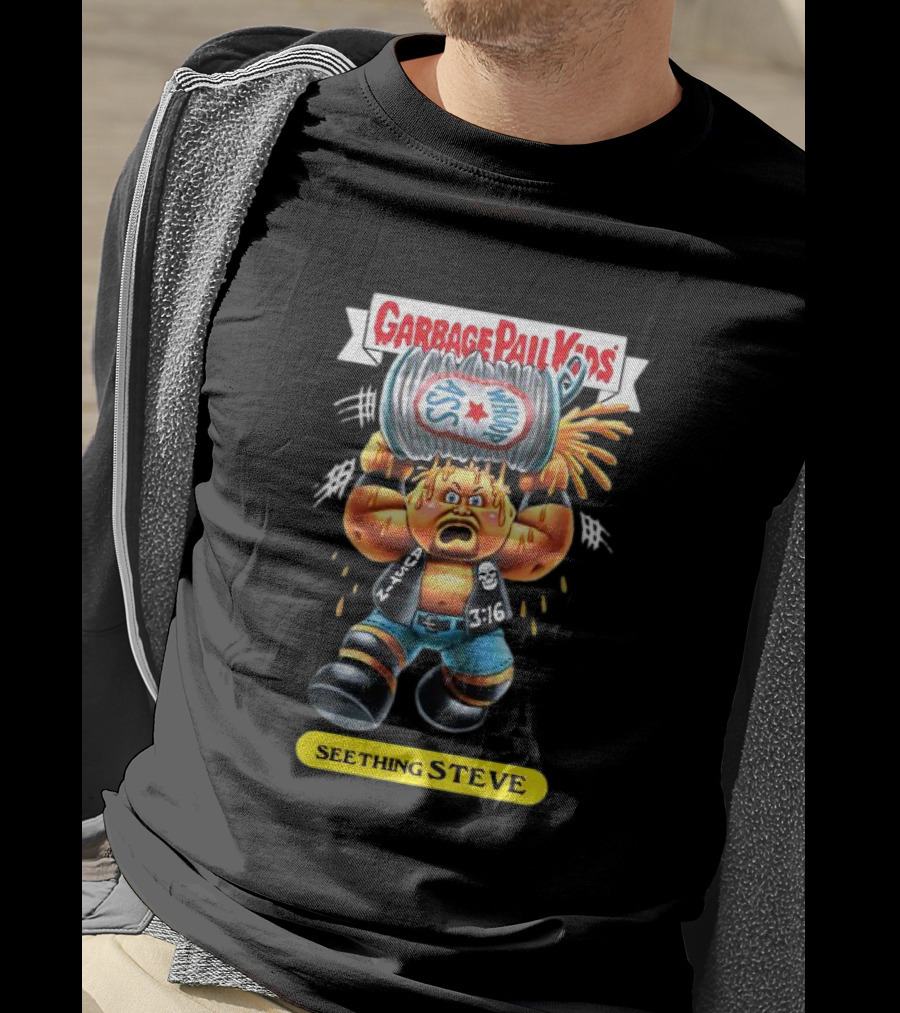 Garbage Pail Kids Seething Steve 3:16 Parody Character With Exploding Trash Can T-Shirt