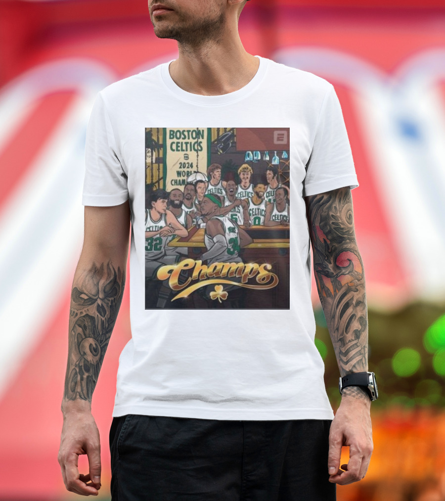 BOSTON CELTICS 2024 WORLD CHAMPS CELEBRATION WITH CHAMPS LETTERING AND CLOVERLEAF T-Shirt