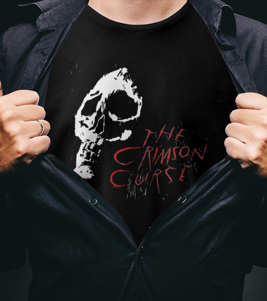 The Crimson Curse Skull White And Red Text With Skull T-Shirt