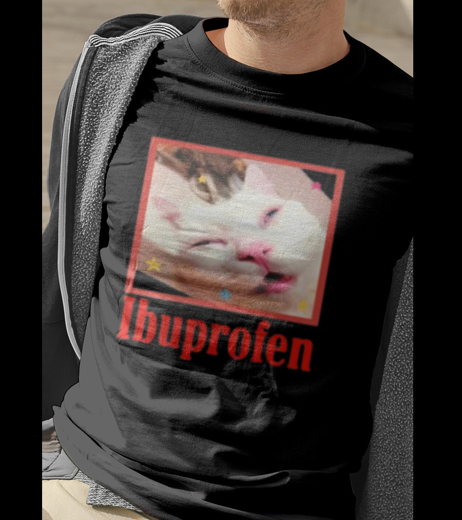 Ibuprofen Meme Cat With Distorted Face And Stars T-Shirt