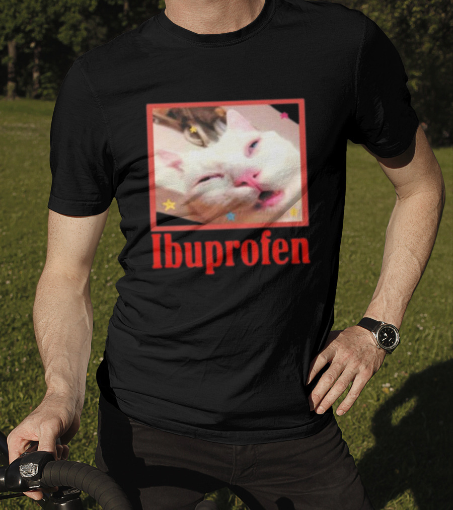 Ibuprofen Meme Cat With Distorted Face And Stars T-Shirt