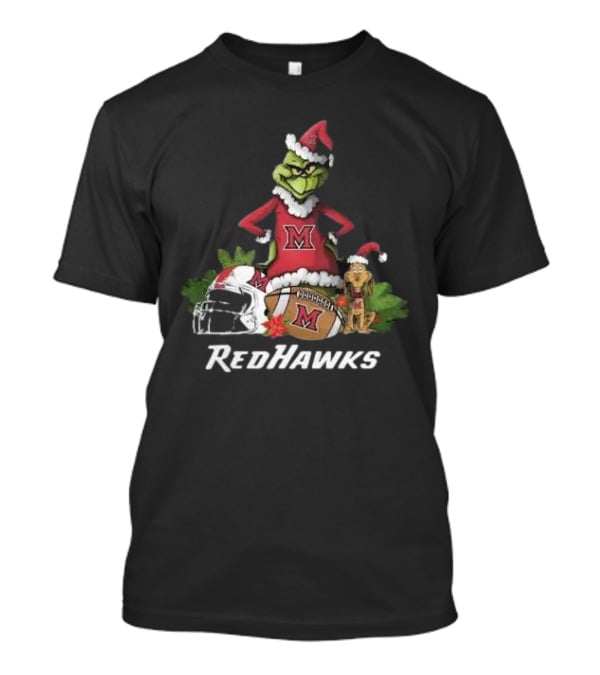 Grinch Santa And Dog With Miami RedHawks Rugby Helmet Merry Christmas T-Shirt