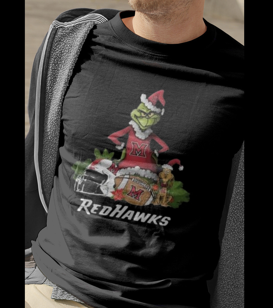 Grinch Santa And Dog With Miami RedHawks Rugby Helmet Merry Christmas T-Shirt