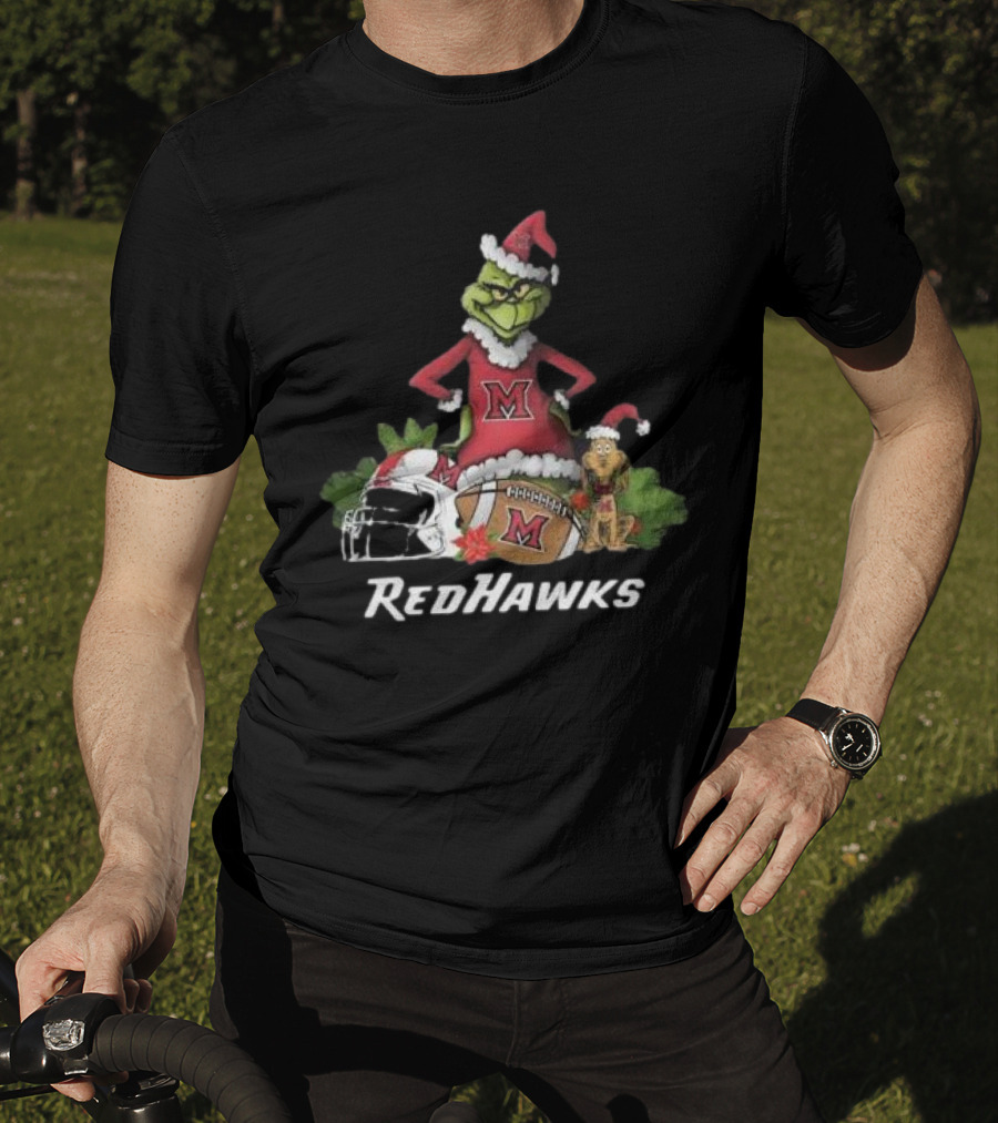 Grinch Santa And Dog With Miami RedHawks Rugby Helmet Merry Christmas T-Shirt