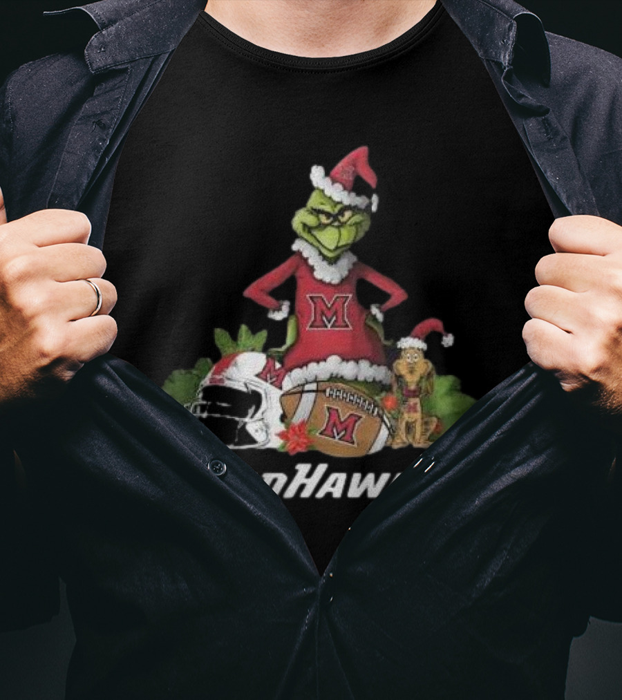 Grinch Santa And Dog With Miami RedHawks Rugby Helmet Merry Christmas T-Shirt