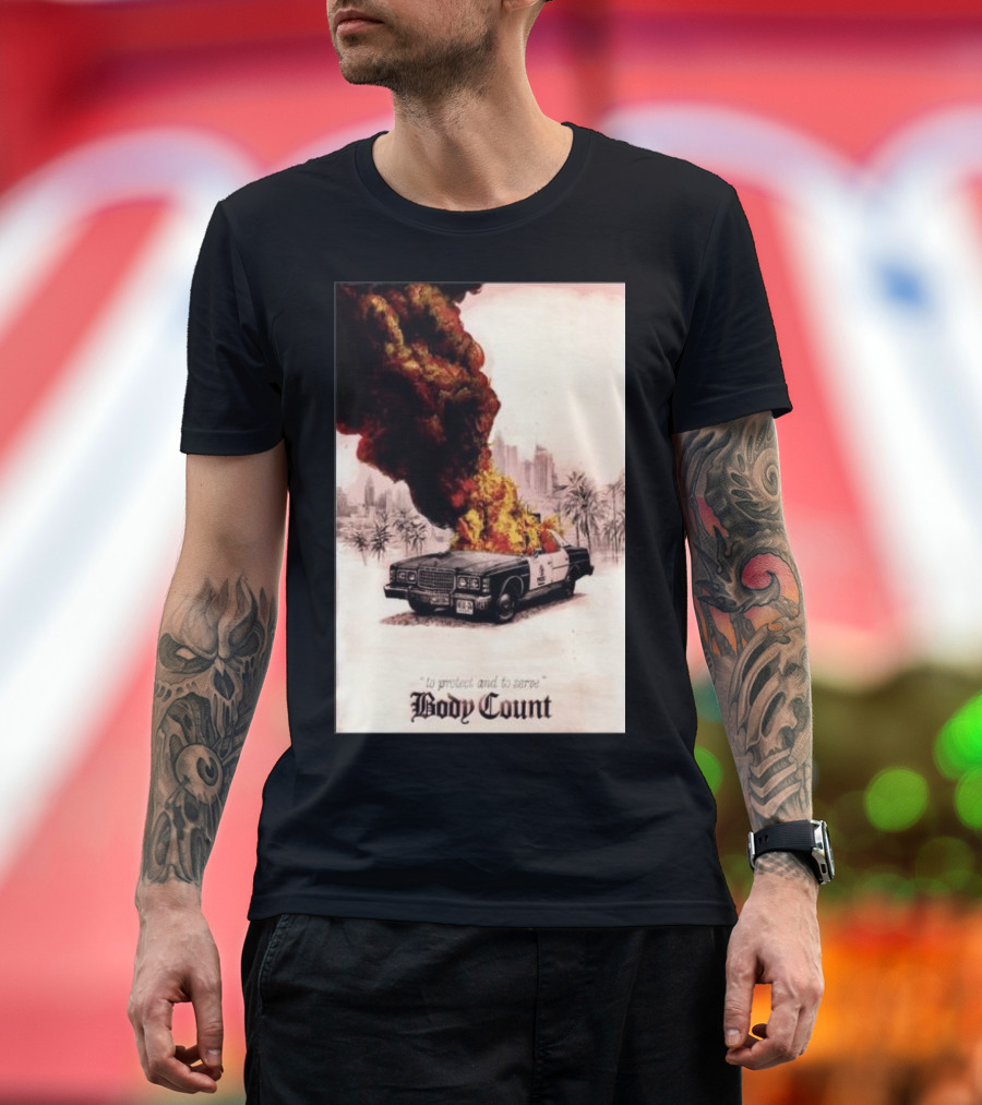Body Count Clisson France June 28 2024 Burning Police Car Palm Trees T-Shirt
