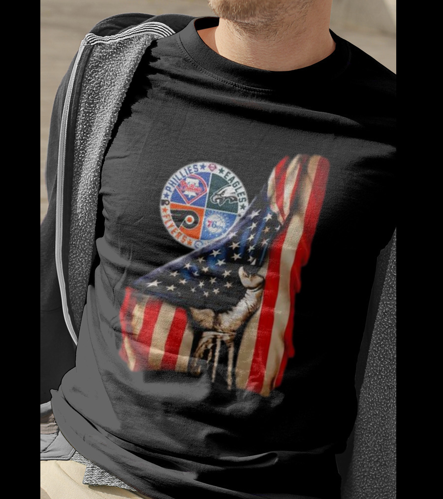 Philadelphia Phillies Eagles Flyers 76ers Hand Pulling American Flag T-Shirt