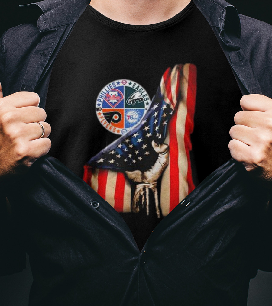 Philadelphia Phillies Eagles Flyers 76ers Hand Pulling American Flag T-Shirt