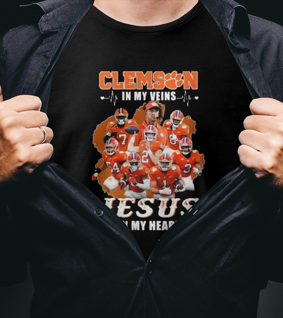 Clemson In My Veins Jesus In My Heart Football Team Collage T-Shirt