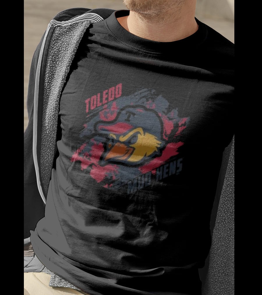 Toledo Mud Hens Baseball Team Logo With Bold Red And Blue Brushstroke Background T-Shirt