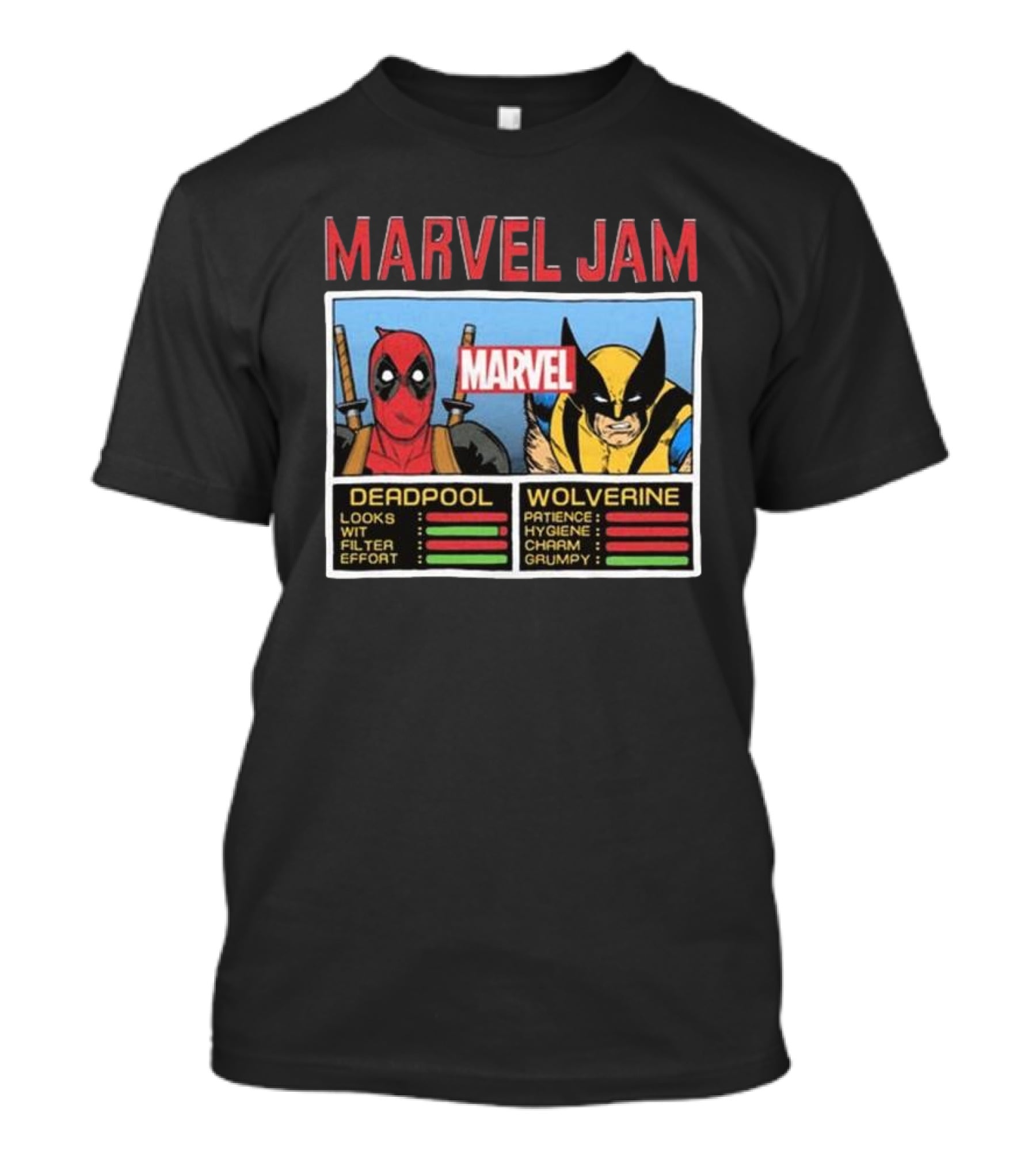 Deadpool Wolverine Marvel Jam Comic Character Stats T-Shirt