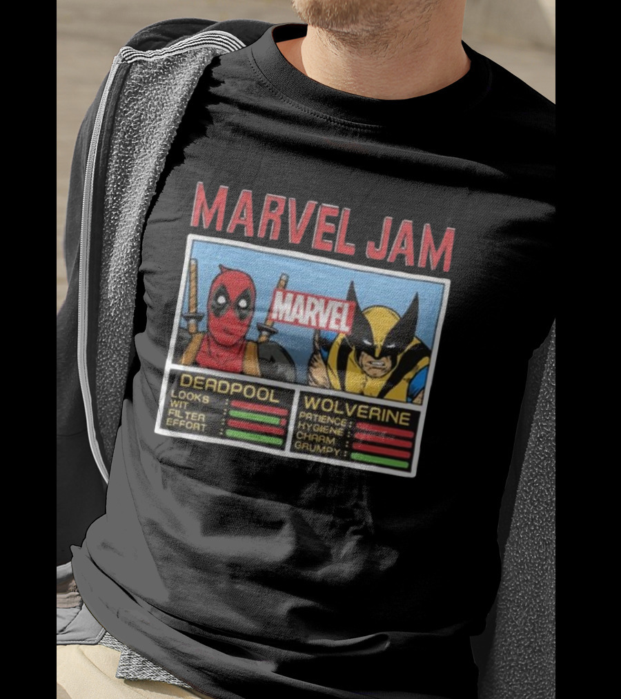 Deadpool Wolverine Marvel Jam Comic Character Stats T-Shirt
