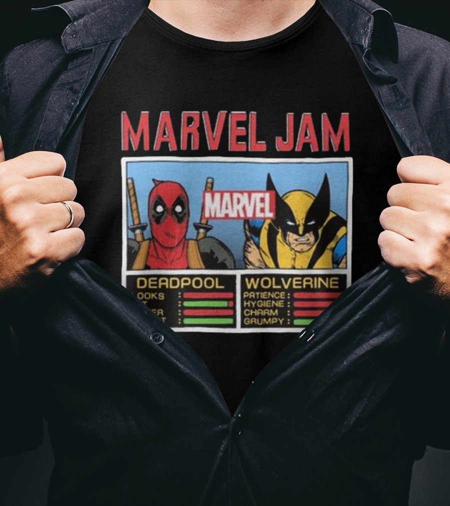 Deadpool Wolverine Marvel Jam Comic Character Stats T-Shirt