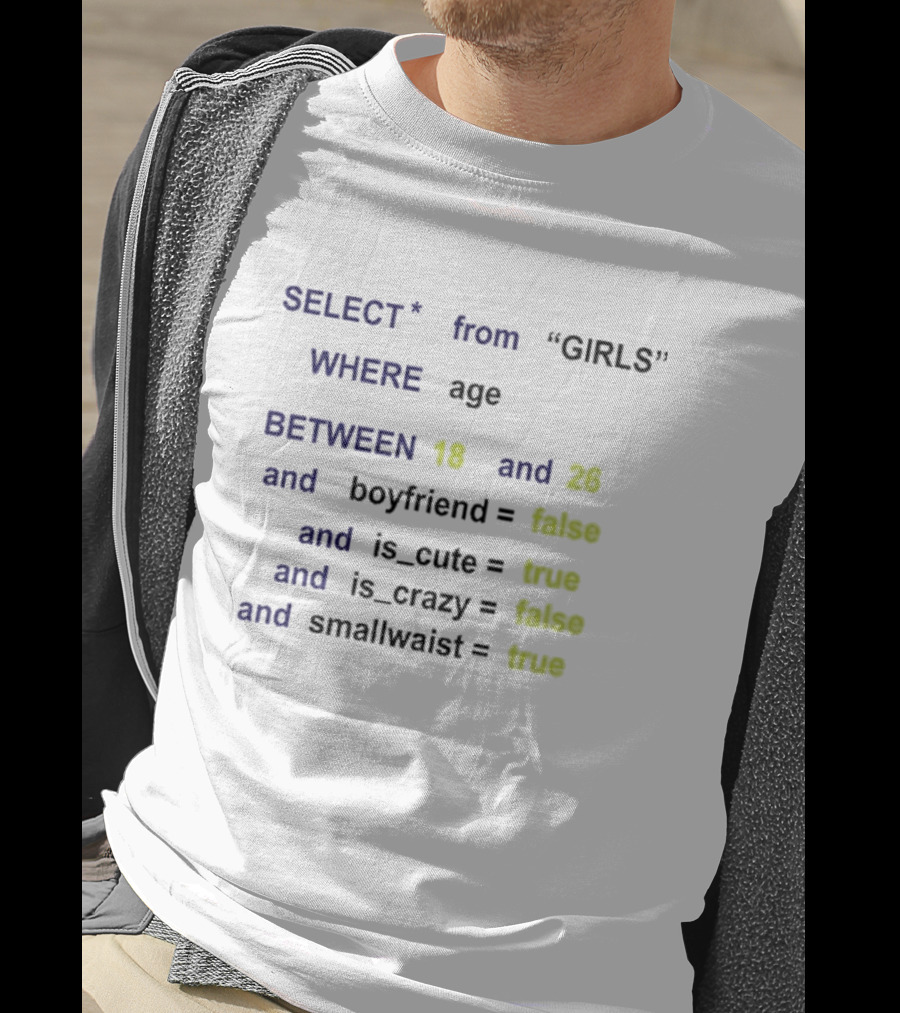 Funny SQL Query Select From GIRLS Where Age Between 18 And 26 Boyfriend False Is Cute True Is Crazy False Smallwaist True T-Shirt