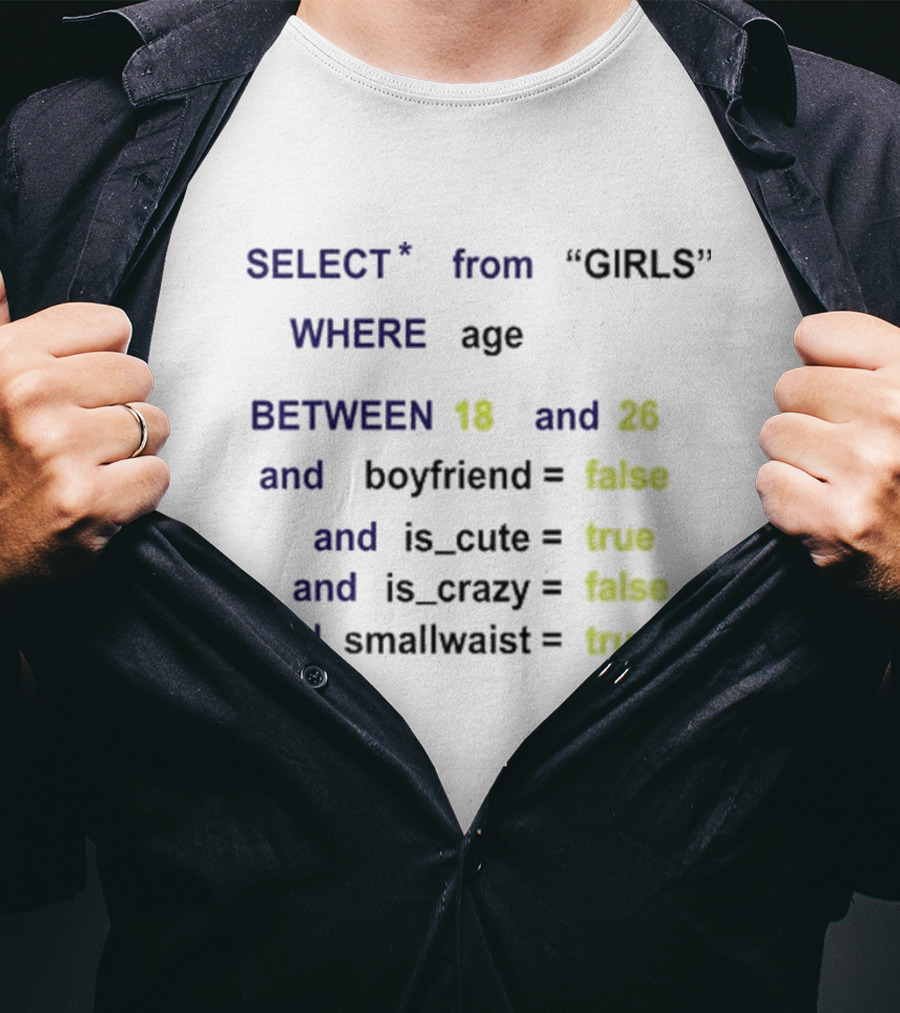 Funny SQL Query Select From GIRLS Where Age Between 18 And 26 Boyfriend False Is Cute True Is Crazy False Smallwaist True T-Shirt