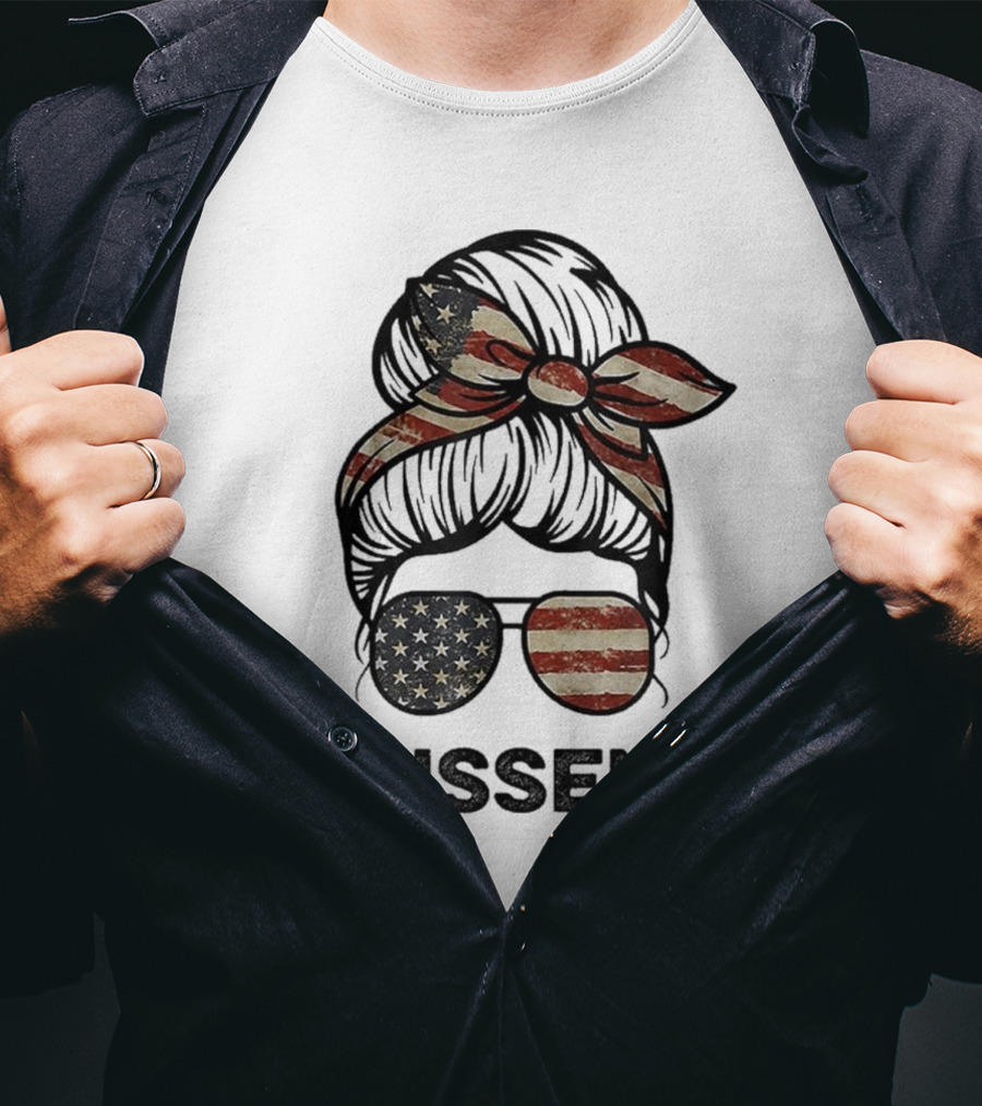 Messy Bun I Dissent USA Flag Vintage Sunglasses Bow T-Shirt