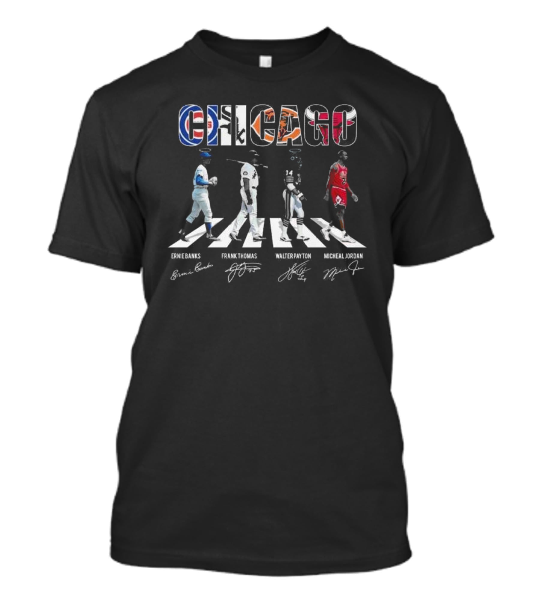 Chicago Sports Team Abbey Road Ernie Banks Frank Thomas Walter Payton Michael Jordan Signatures T-Shirt