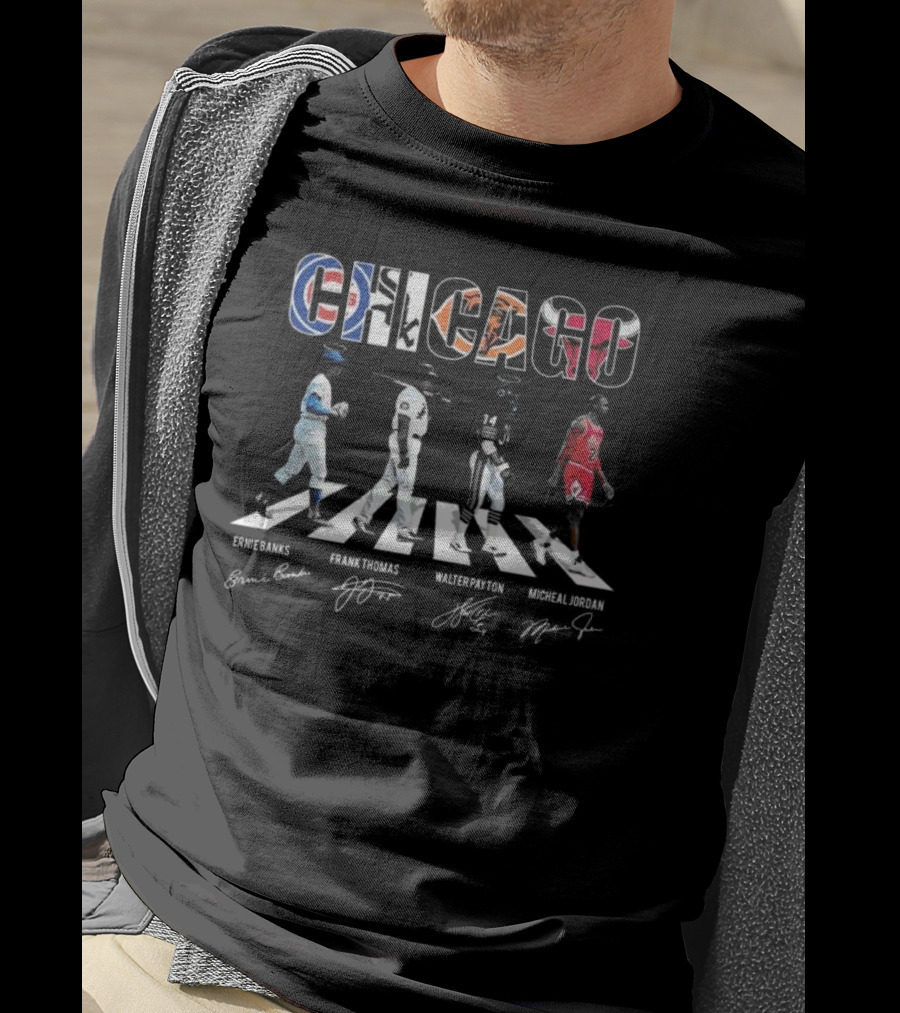 Chicago Sports Team Abbey Road Ernie Banks Frank Thomas Walter Payton Michael Jordan Signatures T-Shirt