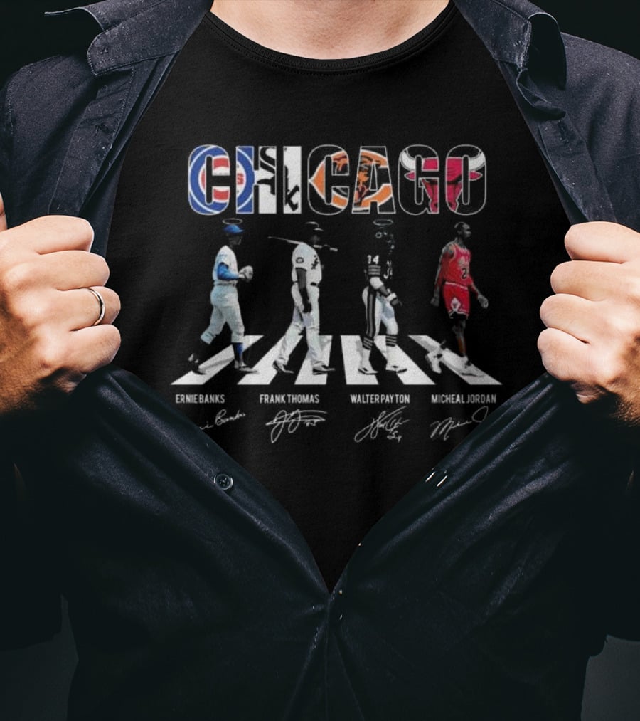 Chicago Sports Team Abbey Road Ernie Banks Frank Thomas Walter Payton Michael Jordan Signatures T-Shirt