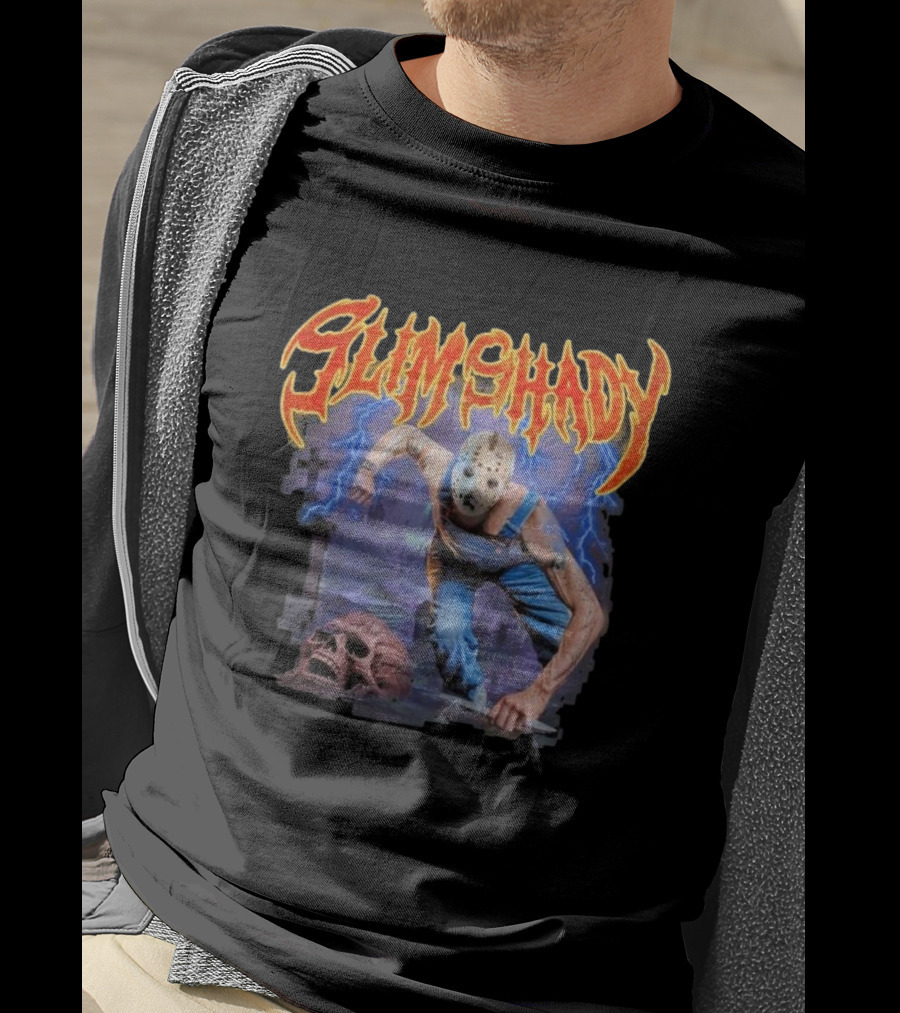 Slim Shady Jason Mask Horror Concept With Storm And Skull T-Shirt